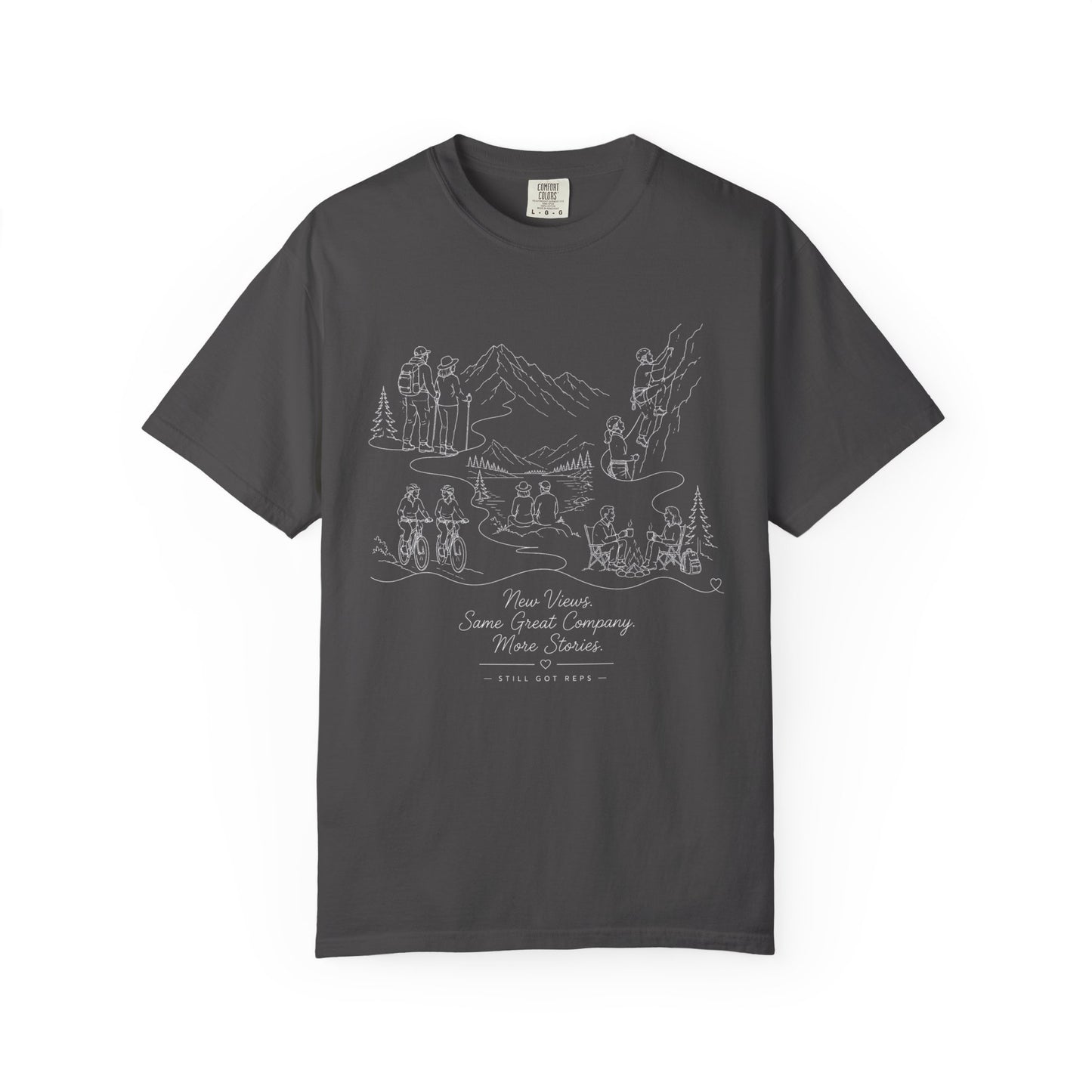 Camping Scene Sketch T-Shirt — Hand-Drawn Mountain & Campfire Graphic
