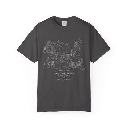 Camping Scene Sketch T-Shirt — Hand-Drawn Mountain & Campfire Graphic