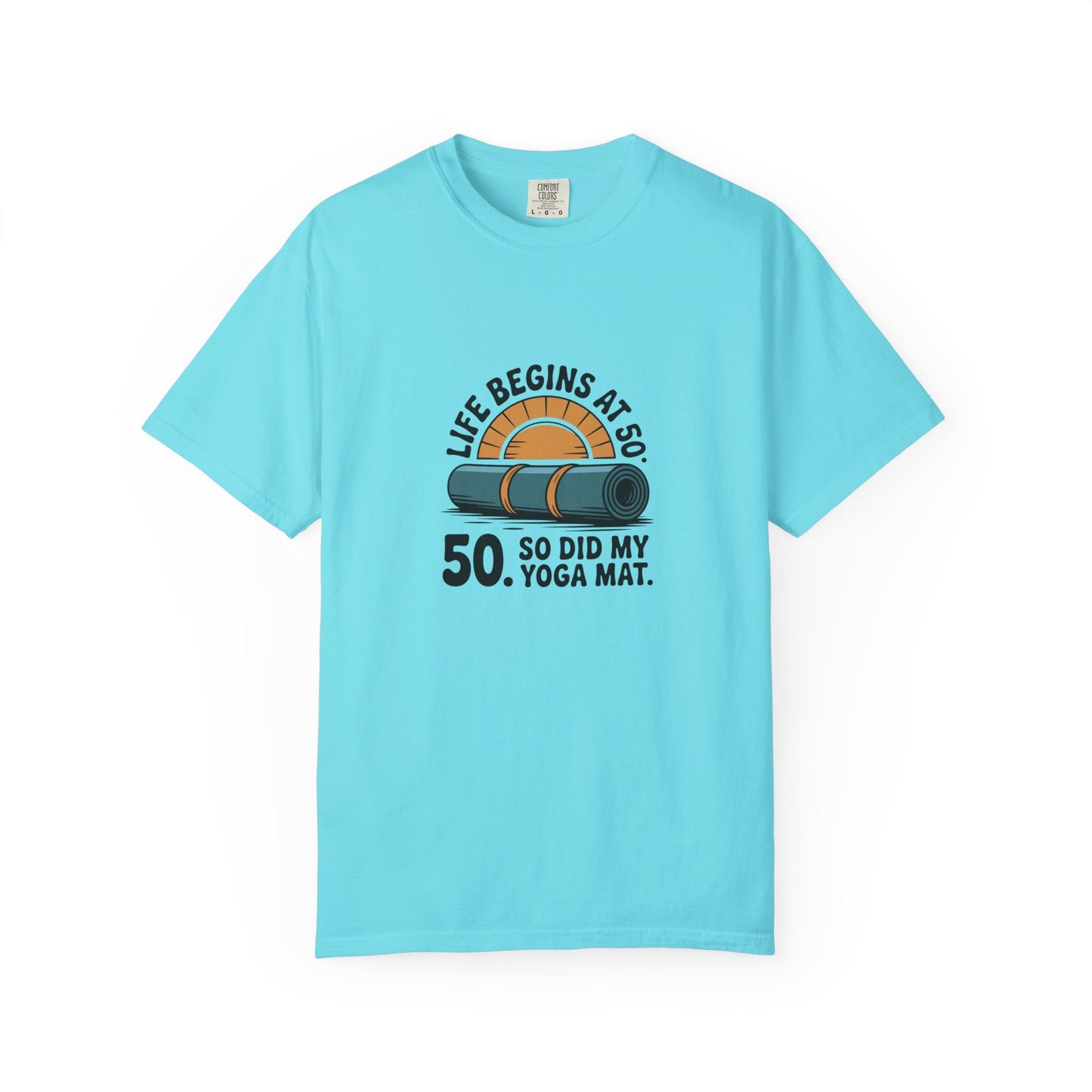 50th Birthday Yoga T-Shirt — "Life Begins at 50" Graphic Tee