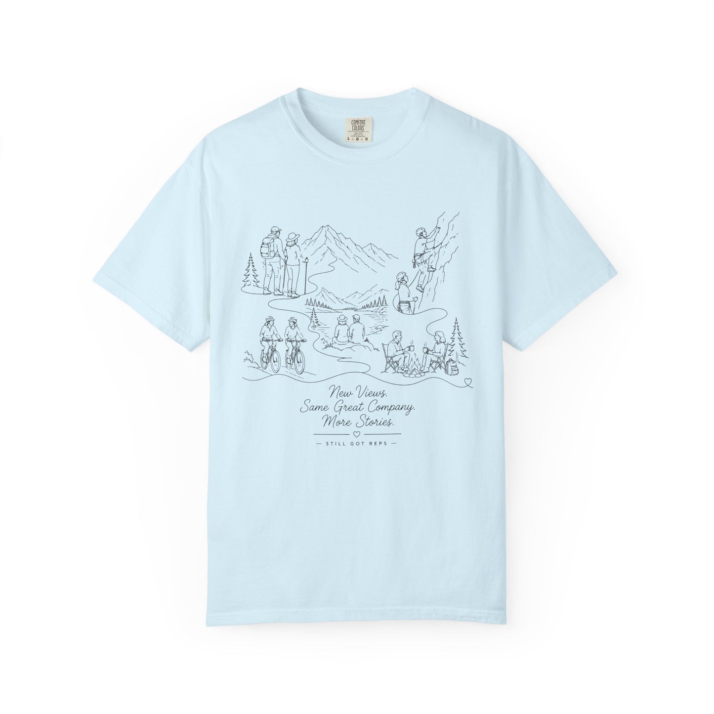 Camping Scene Sketch T-Shirt — Hand-Drawn Mountain & Campfire Graphic