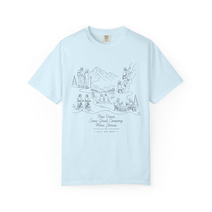Camping Scene Sketch T-Shirt — Hand-Drawn Mountain & Campfire Graphic