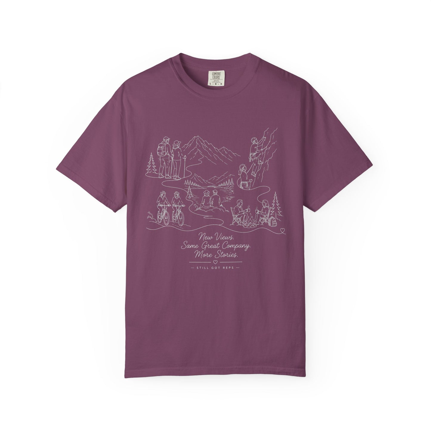 Camping Scene Sketch T-Shirt — Hand-Drawn Mountain & Campfire Graphic