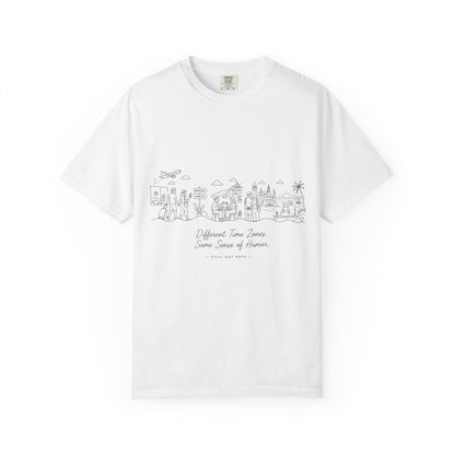 City Sketch Tee — Minimal White Garment-Dyed T-Shirt with Subtle Skyline Design