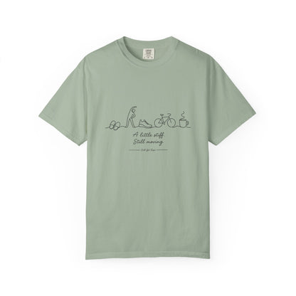 T-Shirt — Minimal Line Art Bike & Dog "A little stuff, Small memory" — Casual Everyday Tee