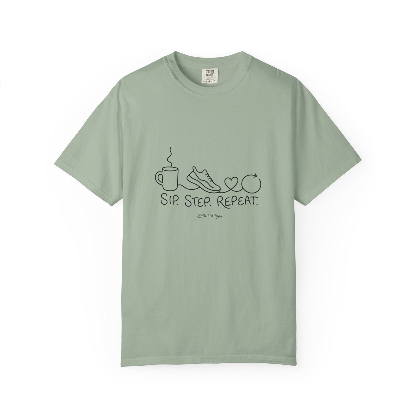 Adventure Series T-Shirt — "Sip. Step. Repeat." Minimal Coffee, Walk & Wellness Graphic Tee