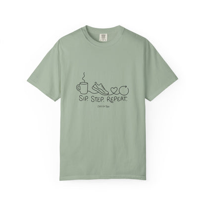 Adventure Series T-Shirt — "Sip. Step. Repeat." Minimal Coffee, Walk & Wellness Graphic Tee