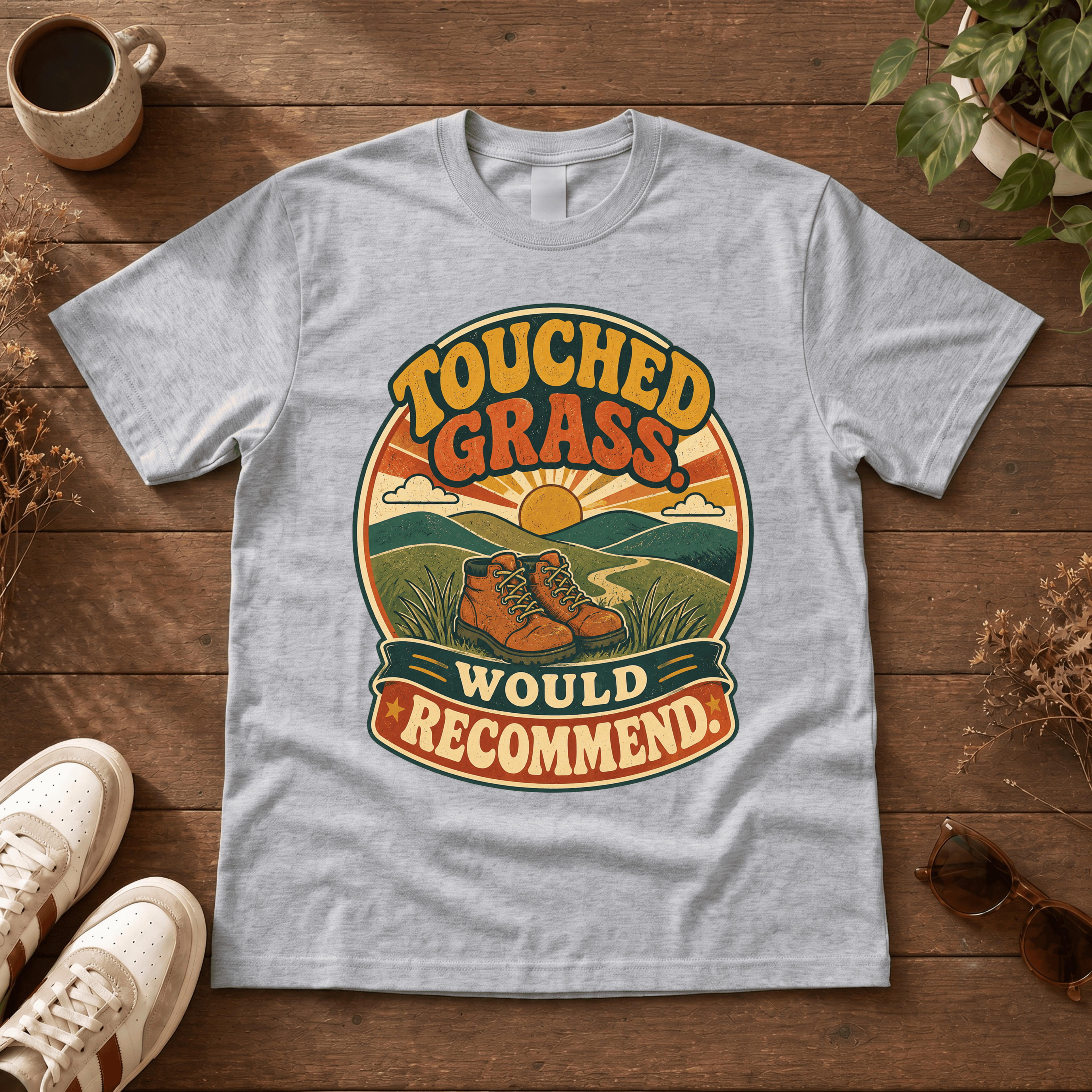 Touched Grass Would Recommend T Shirt on Brown Hardwood Boards Backdrop
