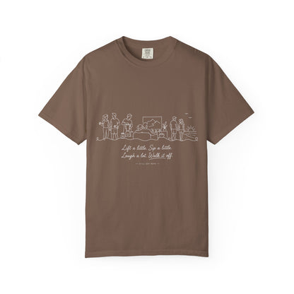 T-Shirt — Minimal Line Drawing “Life is Better by a Bottle, Laugh a Little” Graphic