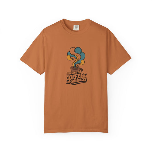 Coffee Comeback T-Shirt — Retro Steam Graphic “Running on Coffee” Tee