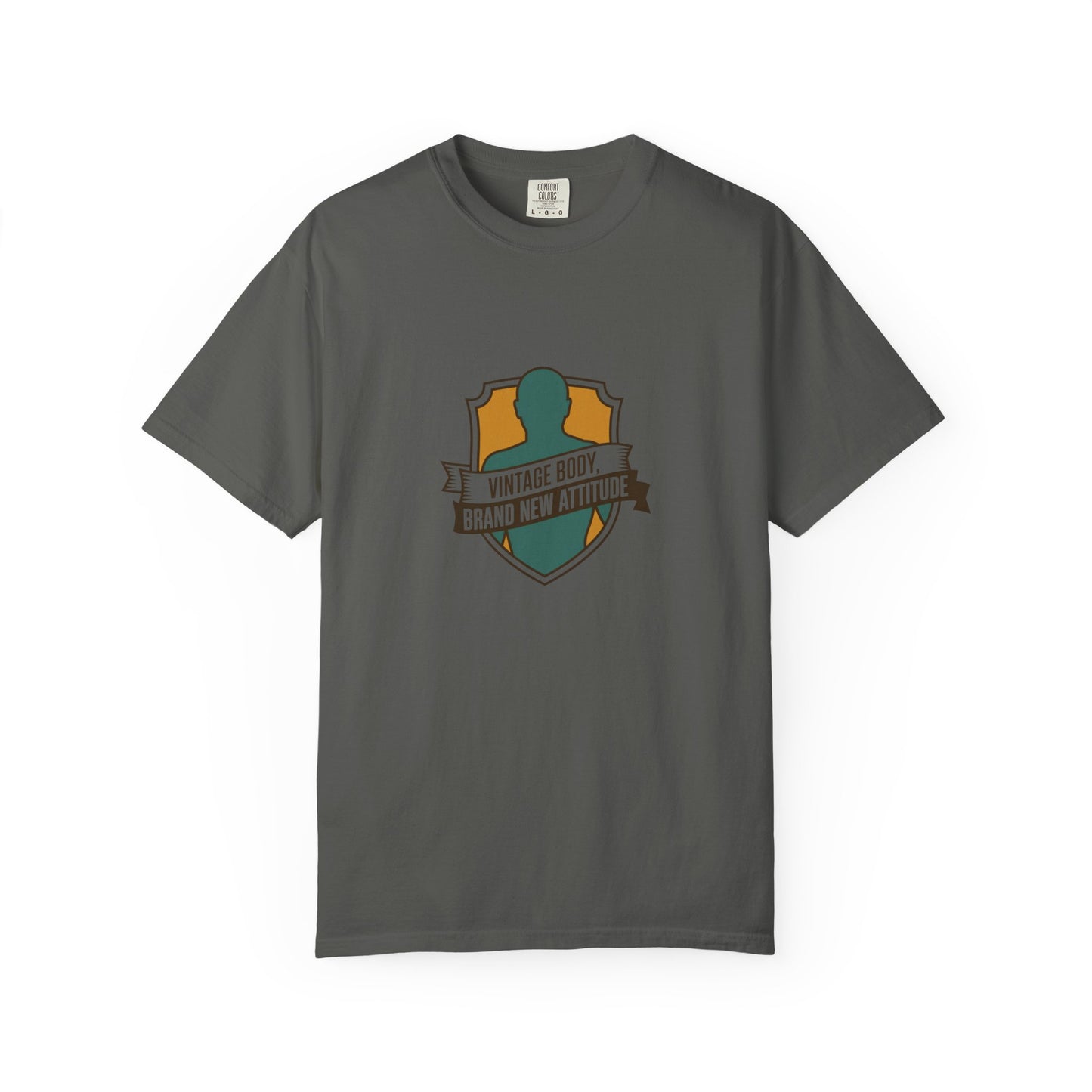 T-Shirt — "Vintage Body, Brand New Attitude" Shield Graphic