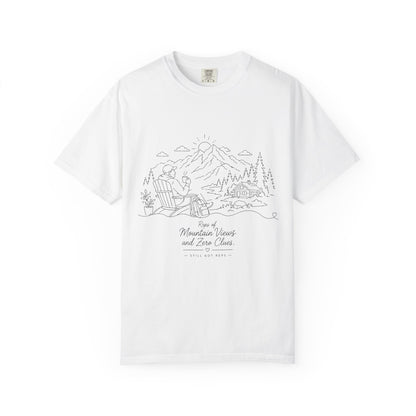 Mountain Camping Line Art T-Shirt — Explore, Camp, Relax Tee