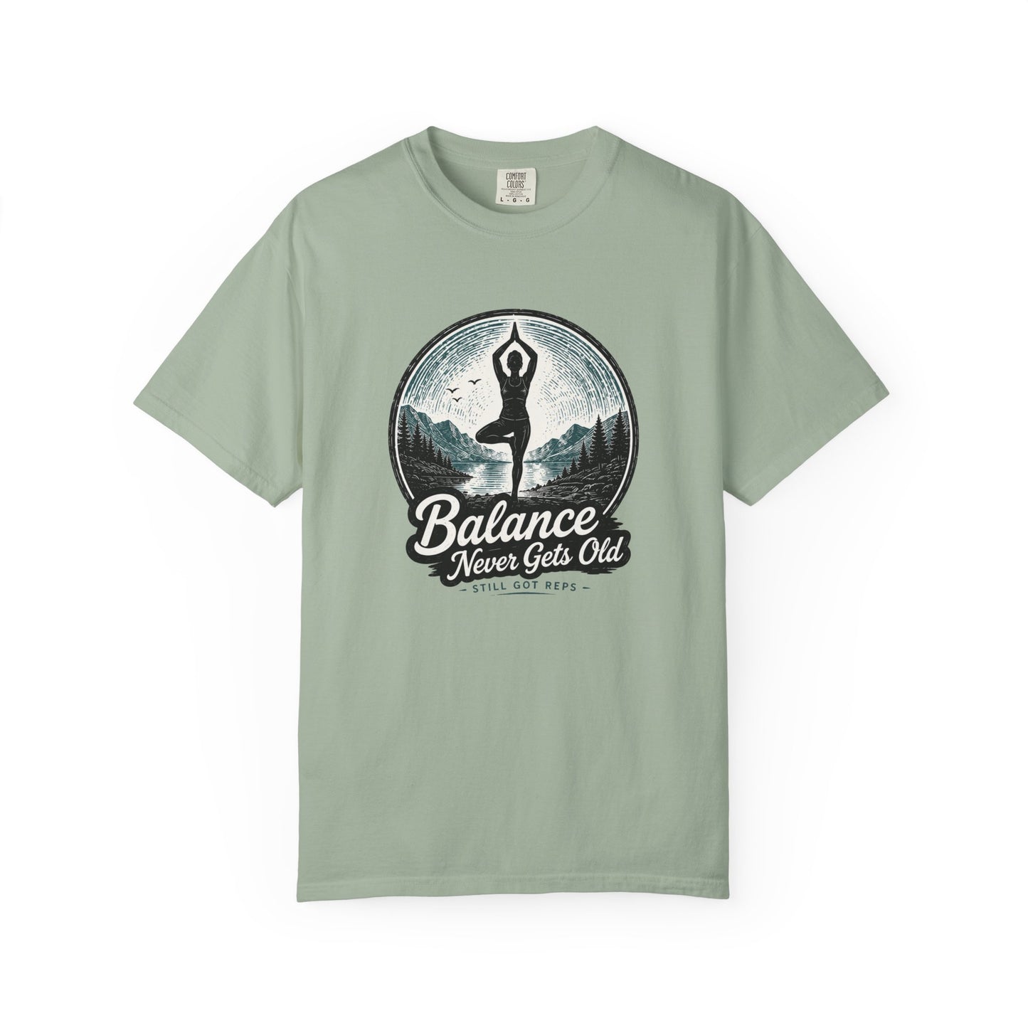 Yoga Balance T-Shirt — "Balance Never Gets Old" Vintage Mountain Yoga Tee