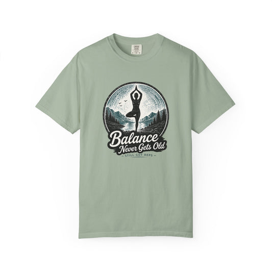 Yoga Balance T-Shirt — "Balance Never Gets Old" Vintage Mountain Yoga Tee