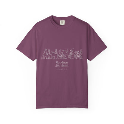 Illustrated Line Art T-Shirt — 'New Adventure Same Attitude' Graphic Tee