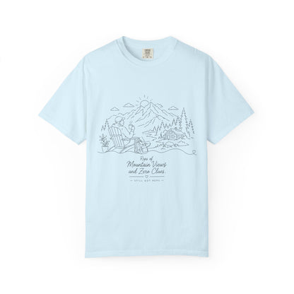 Mountain Camping Line Art T-Shirt — Explore, Camp, Relax Tee