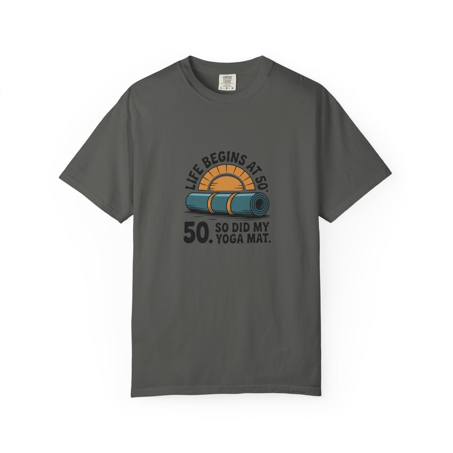 50th Birthday Yoga T-Shirt — "Life Begins at 50" Graphic Tee
