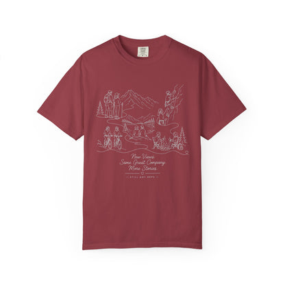 Camping Scene Sketch T-Shirt — Hand-Drawn Mountain & Campfire Graphic