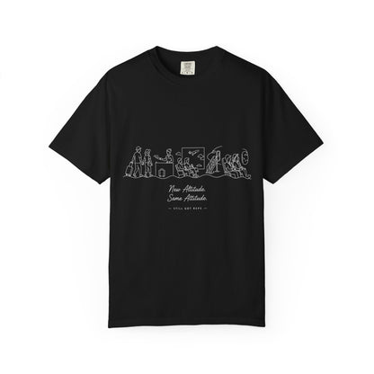 Illustrated Line Art T-Shirt — 'New Adventure Same Attitude' Graphic Tee