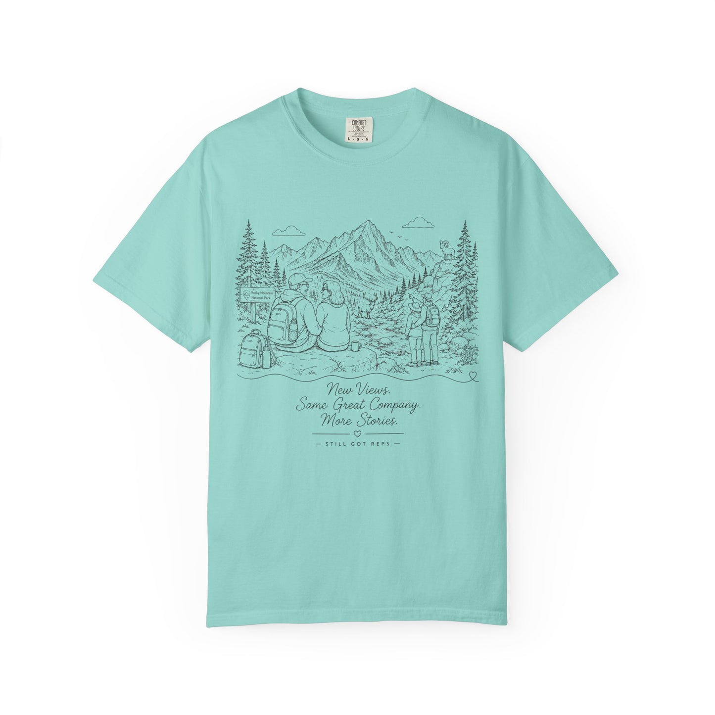 Adventure Camp Mountains T-Shirt — Scenic Camping Line Art Tee
