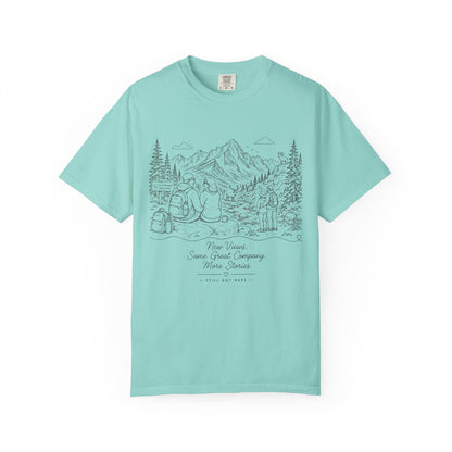 Adventure Camp Mountains T-Shirt — Scenic Camping Line Art Tee