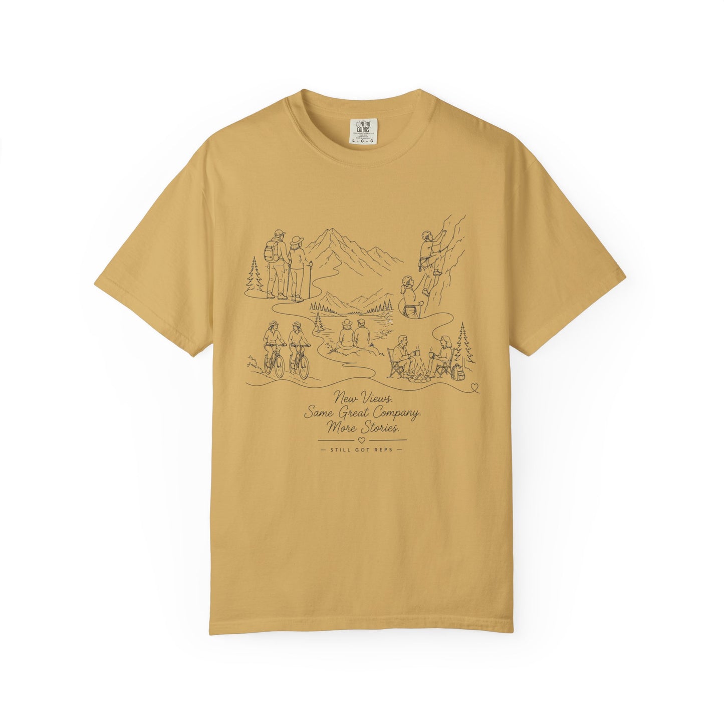 Camping Scene Sketch T-Shirt — Hand-Drawn Mountain & Campfire Graphic