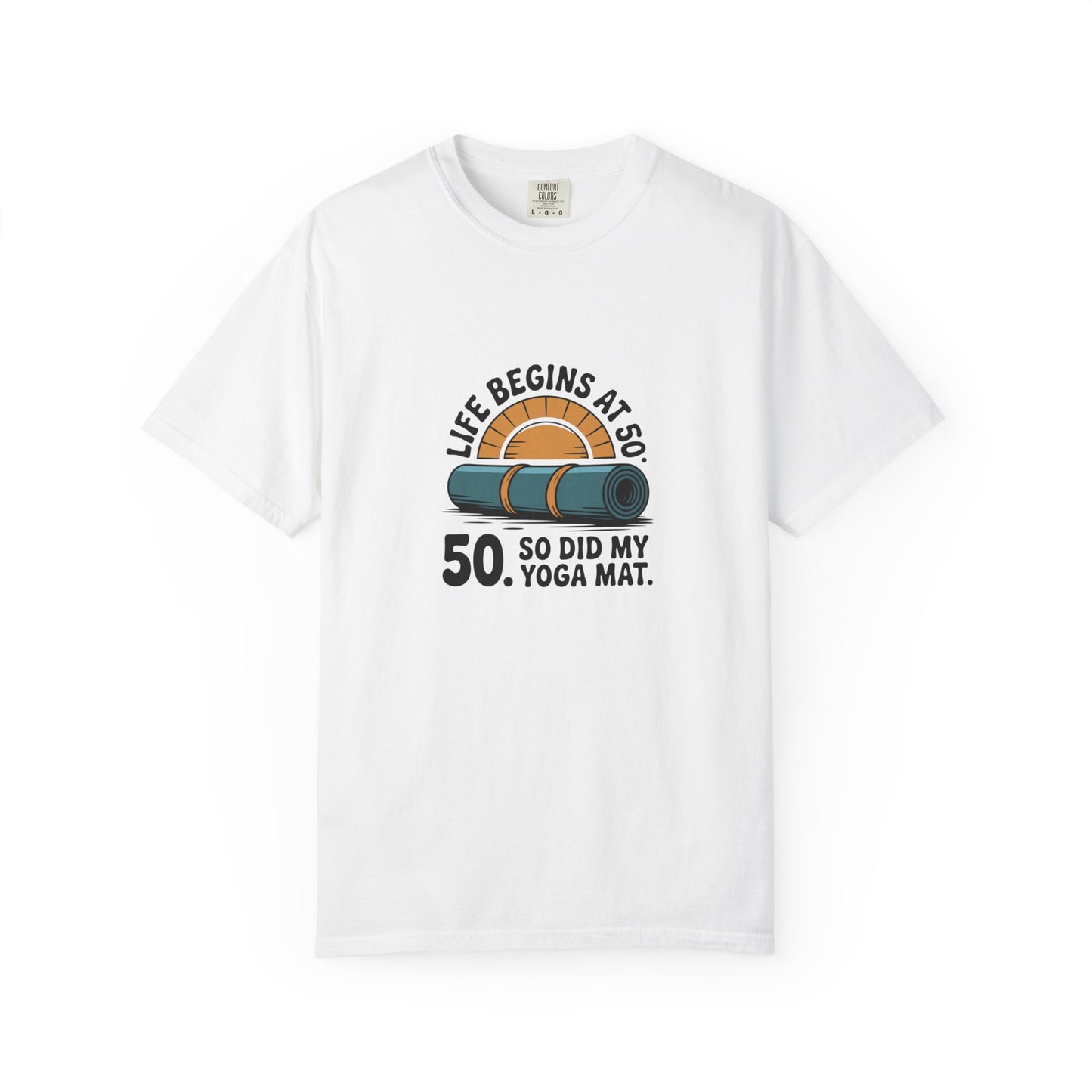 50th Birthday Yoga T-Shirt — "Life Begins at 50" Graphic Tee