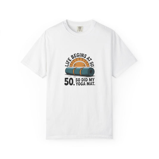 50th Birthday Yoga T-Shirt — "Life Begins at 50" Graphic Tee