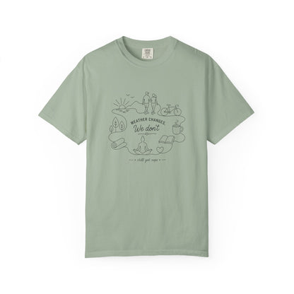 Adventure Series T-Shirt — "Weather Changes, We Don't" Minimal Outdoor Sketch Tee