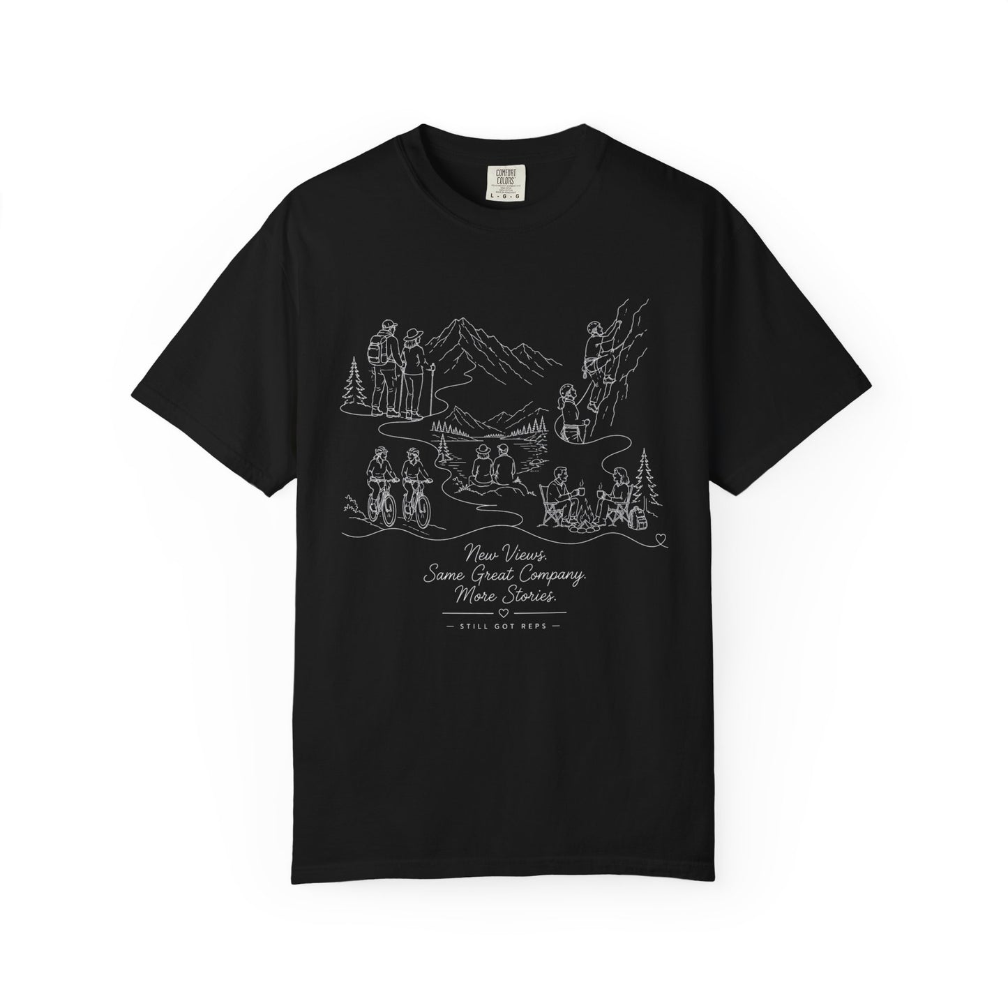 Camping Scene Sketch T-Shirt — Hand-Drawn Mountain & Campfire Graphic