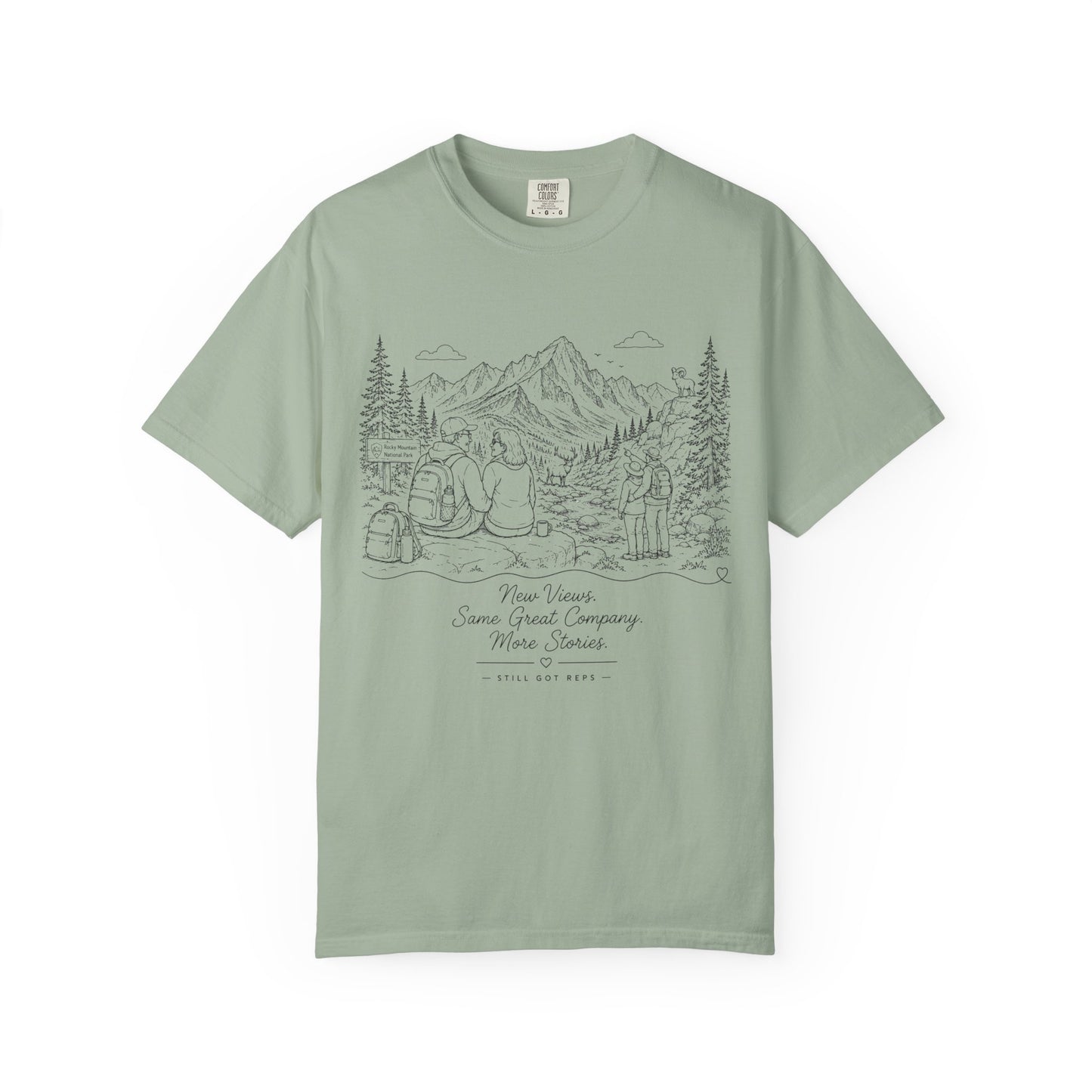 Adventure Camp Mountains T-Shirt — Scenic Camping Line Art Tee