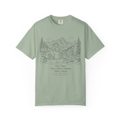Adventure Camp Mountains T-Shirt — Scenic Camping Line Art Tee