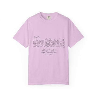 City Sketch Tee — Minimal White Garment-Dyed T-Shirt with Subtle Skyline Design