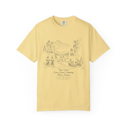 Camping Scene Sketch T-Shirt — Hand-Drawn Mountain & Campfire Graphic