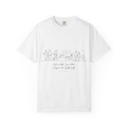 T-Shirt — Minimal Line Drawing “Life is Better by a Bottle, Laugh a Little” Graphic