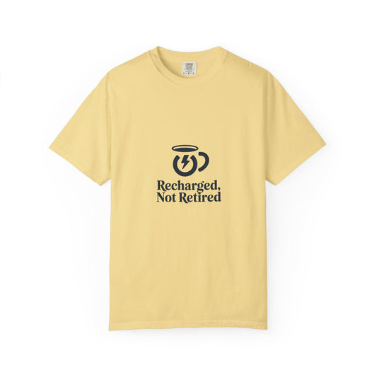 T-Shirt — "Recharged, Not Retired" Coffee Energy Graphic Tee