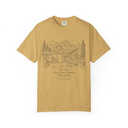 Adventure Camp Mountains T-Shirt — Scenic Camping Line Art Tee