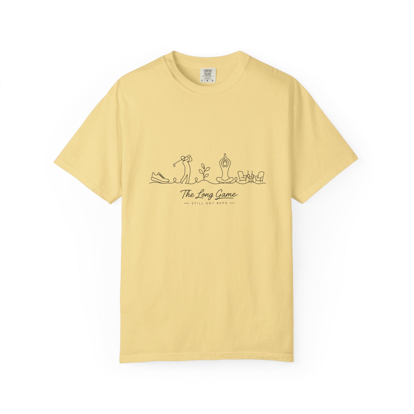 Adventure Series, The Long Game T-Shirt — Minimal Line Art Golf Scene