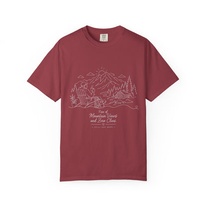 Mountain Camping Line Art T-Shirt — Explore, Camp, Relax Tee
