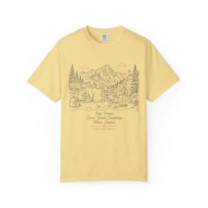 Adventure Camp Mountains T-Shirt — Scenic Camping Line Art Tee