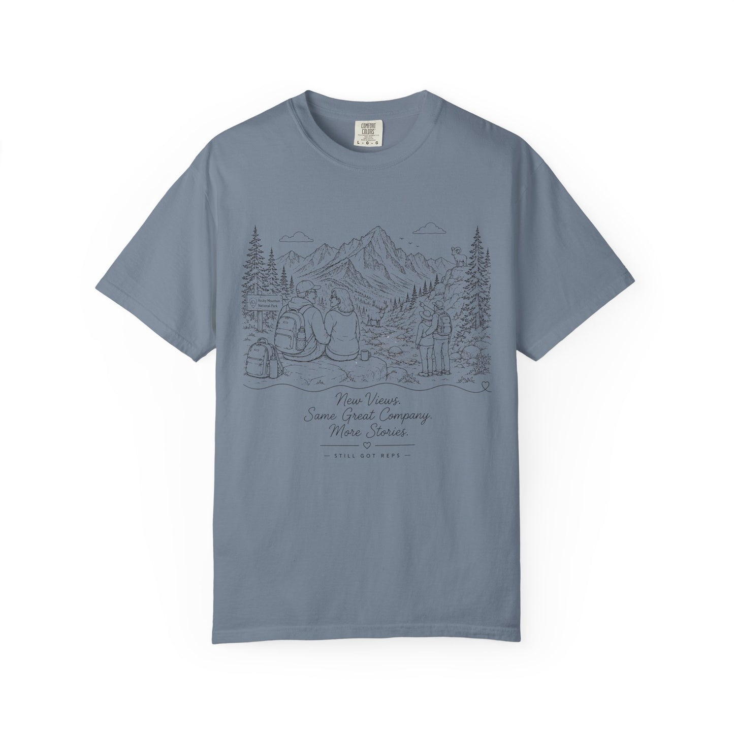 Adventure Camp Mountains T-Shirt — Scenic Camping Line Art Tee