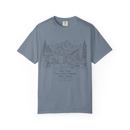Adventure Camp Mountains T-Shirt — Scenic Camping Line Art Tee
