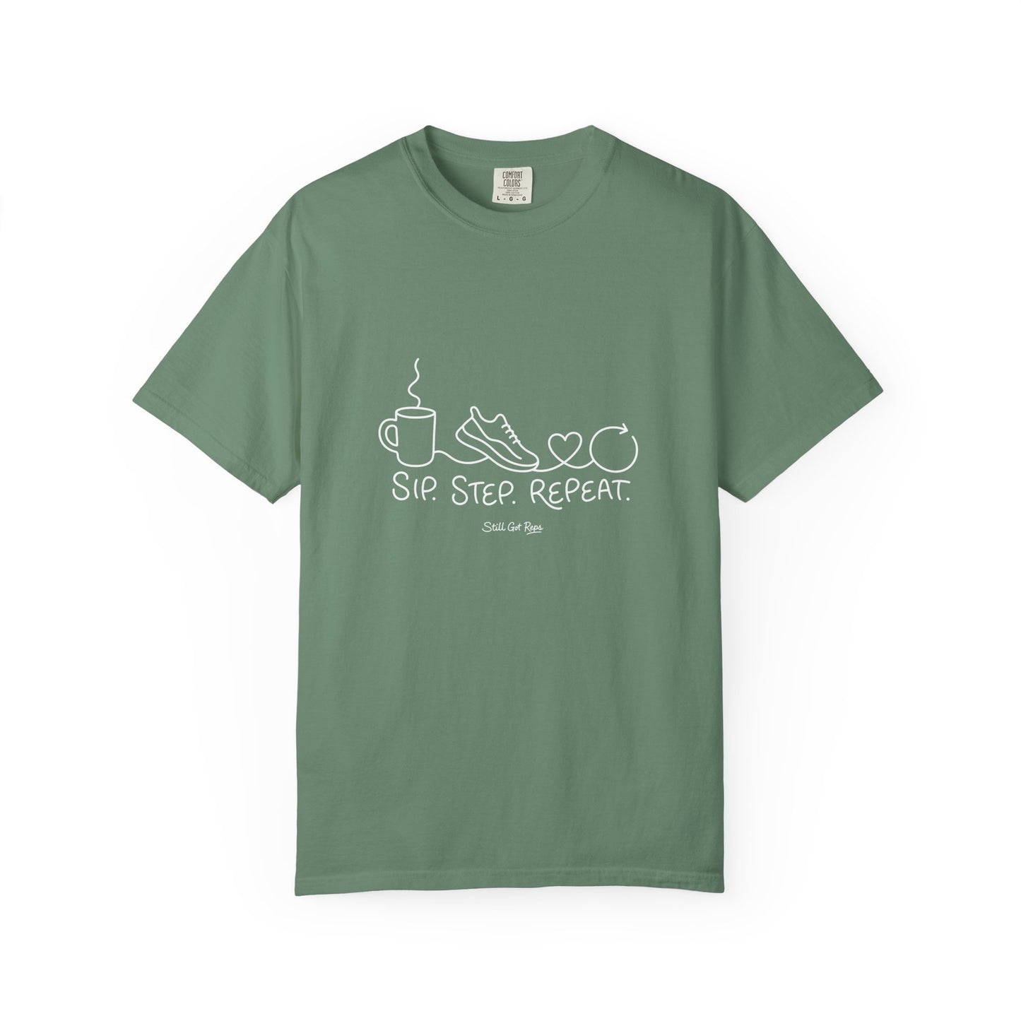 Adventure Series T-Shirt — "Sip. Step. Repeat." Minimal Coffee, Walk & Wellness Graphic Tee