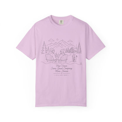 Camping Scene T-Shirt — 'Some Wives Company, Make Time' Outdoor Sketch Tee