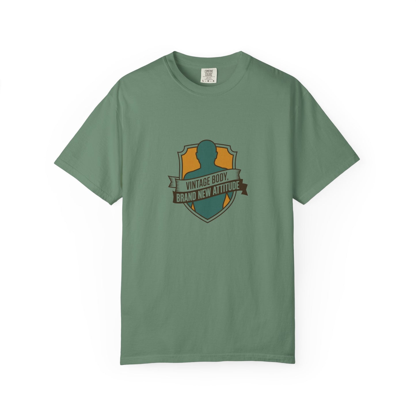 T-Shirt — "Vintage Body, Brand New Attitude" Shield Graphic