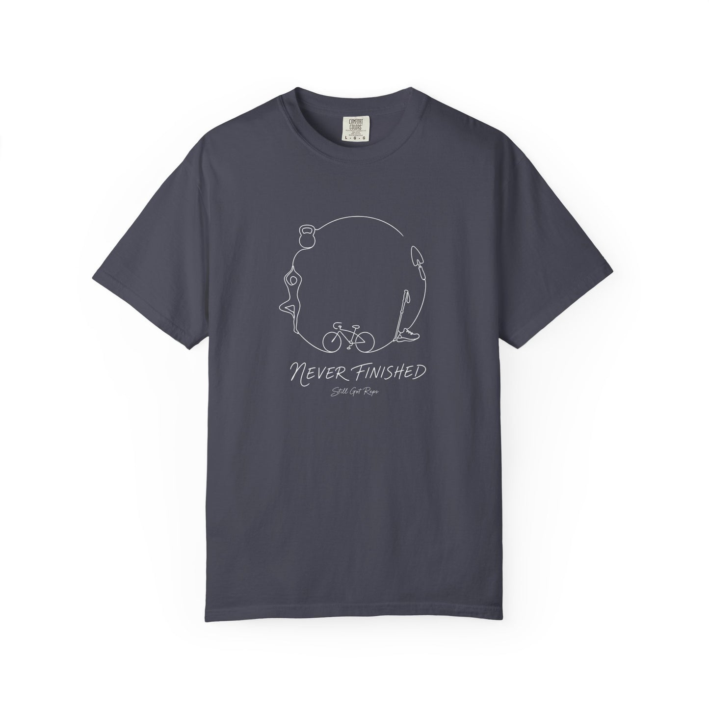 Adventure Series, T-Shirt — Minimal 'Never Finished' Cycling Sketch Tee