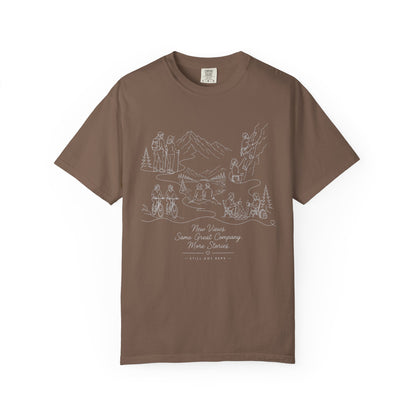 Camping Scene Sketch T-Shirt — Hand-Drawn Mountain & Campfire Graphic