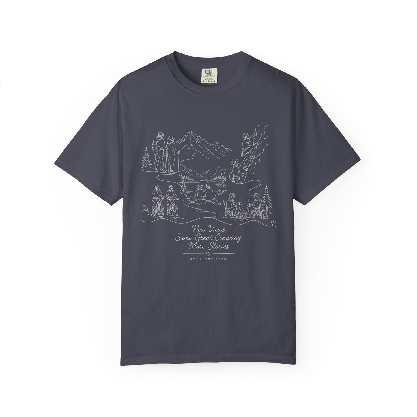 Camping Scene Sketch T-Shirt — Hand-Drawn Mountain & Campfire Graphic