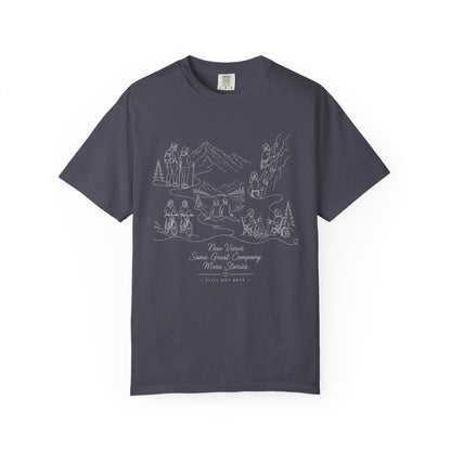 Camping Scene Sketch T-Shirt — Hand-Drawn Mountain & Campfire Graphic