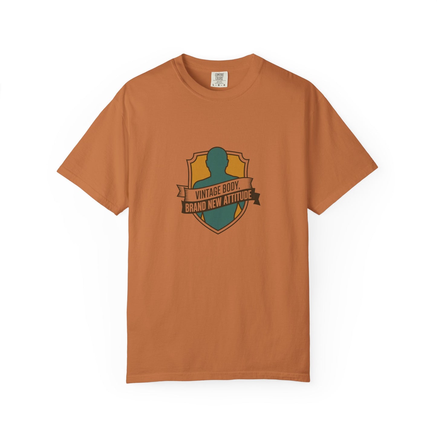 T-Shirt — "Vintage Body, Brand New Attitude" Shield Graphic