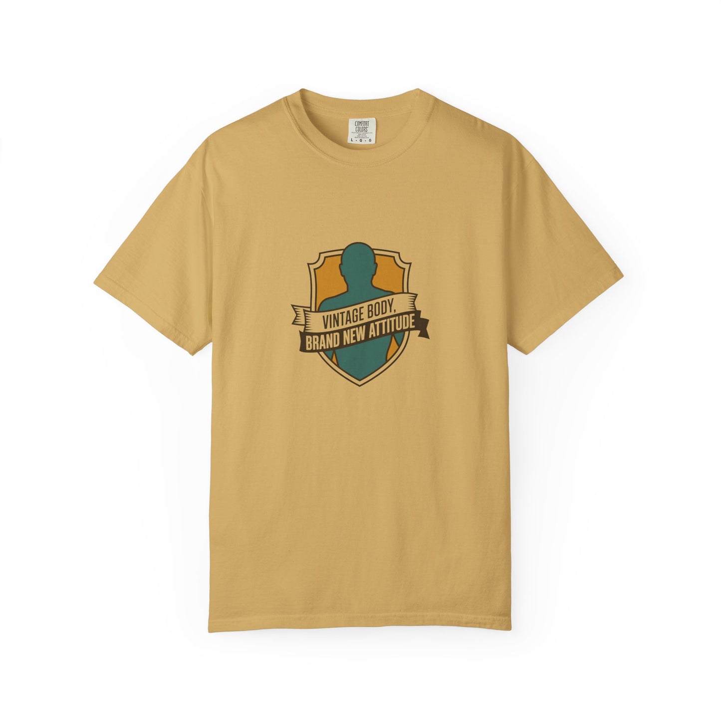 T-Shirt — "Vintage Body, Brand New Attitude" Shield Graphic
